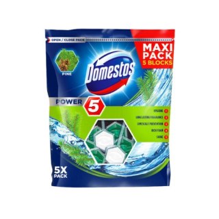 DOMESTOS POWER 5 PINE Kostki Toaletowe Zawieszka WC Zapach Sosnowy maxi pack 5x55 g